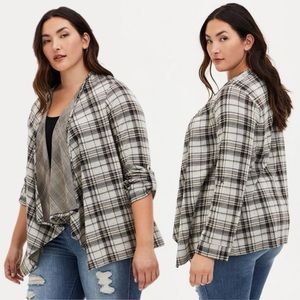 Torrid Black and Ivory Plaid Drape Jacket